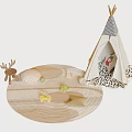 Stylish Beige Kids Play Teepee Tent With Round Play Mat And Adorable Small Wooden Toys