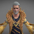 Game Movie Character With Gray Hair Beard Ornate Golden Decor Outfit Dark Pants Golden Shoes