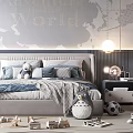 Cozy Kids Room With World Map Wall Adventure World Text Cozy Bed And Playful Toys