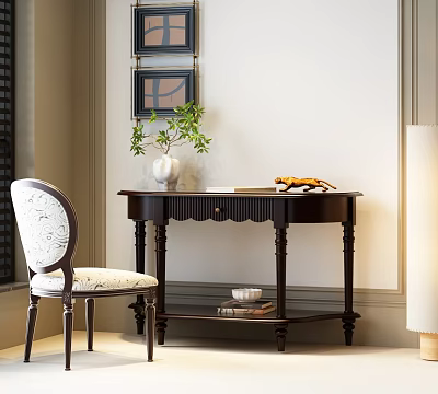 Dark Wood Entryway Console Table With White Upholstered Chair Green Plant And Decorative Items 3d model