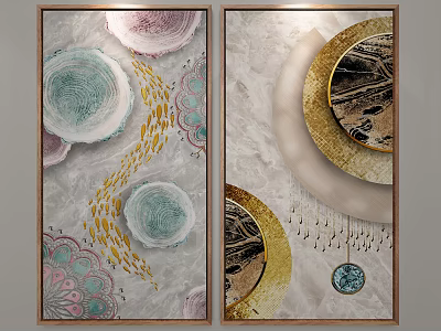 Abstract Decorative Wall Art Two Panel With Circular Patterns Pastel Hues And Gold Accents 3d model