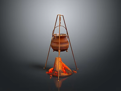 Traditional Copper Cooking Pot on Tripod Stand with Flaming Base for Household Cooking 3d model