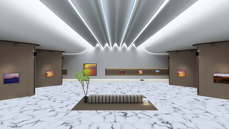 Modern Exhibition Space With Marble Floor Central Bench Green Plant Wall Artworks And Ceiling Lighting 3d model 