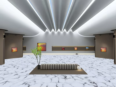Modern Exhibition Space With Marble Floor Central Bench Green Plant Wall Artworks And Ceiling Lighting 3d model