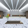 Modern Exhibition Space With Marble Floor Central Bench Green Plant Wall Artworks And Ceiling Lighting