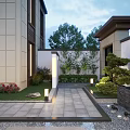 Modern Chinese Garden Landscape With Wooden Pavilion Landscape Screen Stone Paved Path Plants And Lighting