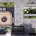 Modern Courtyard Garden Design With Fire Pit Wooden Deck Stone Pavers And Deer Sculpture