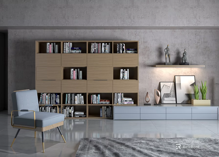 Modern Bookcase Interior With Armchair Decorative Sculptures Framed Art And Potted Plant 3d model 