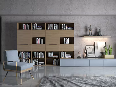 Modern Bookcase Interior With Armchair Decorative Sculptures Framed Art And Potted Plant 3d model
