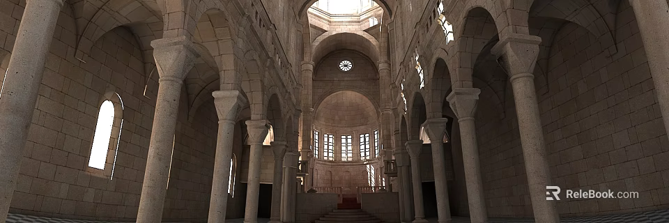 Religious Building Interior With Arched Structures Tall Columns Round Windows Clock And Red Stairs 3d model