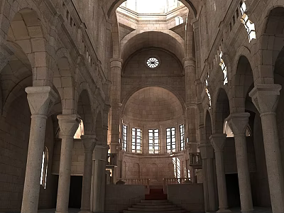 Religious Building Interior With Arched Structures Tall Columns Round Windows Clock And Red Stairs 3d model