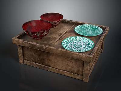 Carved Sculptural Red Bowls And Green Openwork Plates Displayed On Wooden Box 3d model