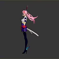 Cartoon Character With Pink Hair Rabbit Ears Purple Outfit Black Stockings Blue Shoes Standing Pose
