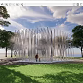 Modern Silver Landscape Columns with Mist Lighting and People in Outdoor Area