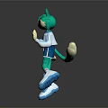 Anime Cat Creature Character With Green Fur Orange Eyes White Top Blue Shorts