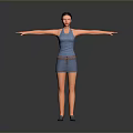 Young Woman in Blue Tank Top and Skirt with Arms Outstretched Against Gray Background