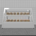 White Food Display Cabinet with Transparent Glass Doors and Multiple Shelves Holding Sandwiches in Bakery Shop