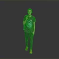Man Wearing Gray T-shirt Blue Graphic Dark Pants Orange Shoes With Backpack Against Gray Background