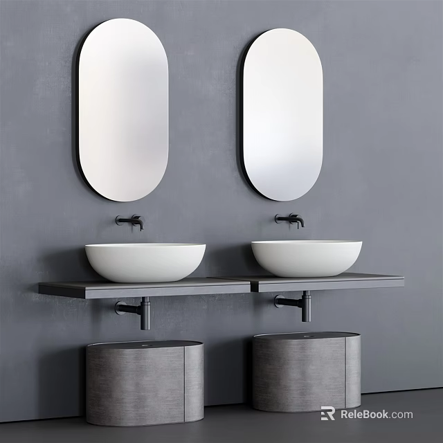 Modern Double Sink Bathroom Vanity with White Vessel Sinks Oval Mirrors and Gray Wall 3d model 
