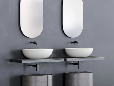 Modern Double Sink Bathroom Vanity with White Vessel Sinks Oval Mirrors and Gray Wall 3d model