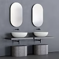 Modern Double Sink Bathroom Vanity with White Vessel Sinks Oval Mirrors and Gray Wall