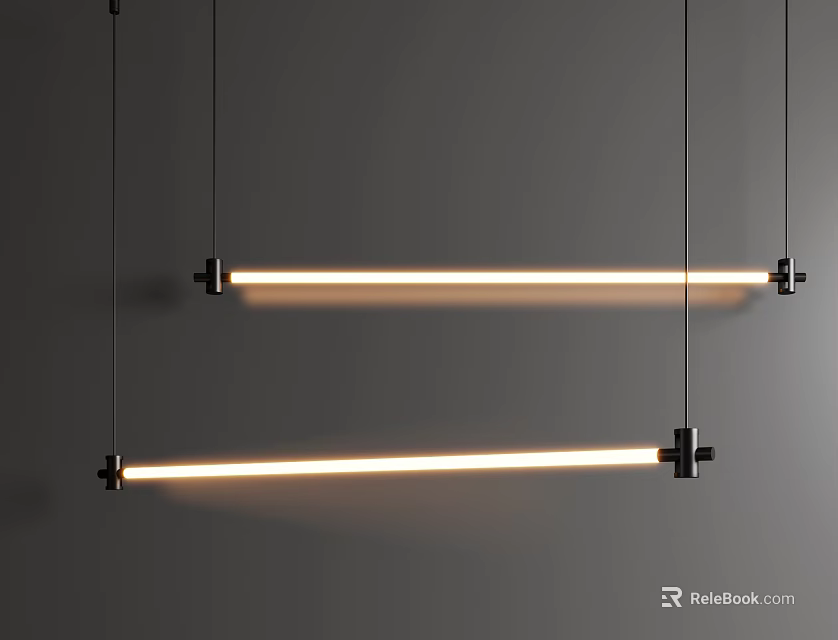 Modern Linear Pendant Lights With Black Frame And Warm Glow Hanging In Space 3d model 