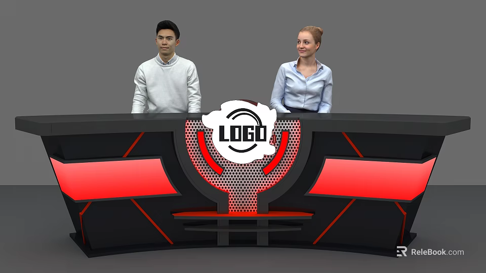 Stylish Black and Red Reception Desk With Central Logo And Staff Standing 3d model 