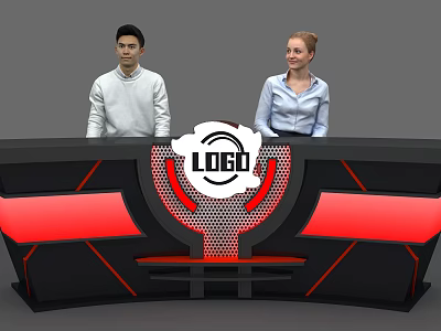 Stylish Black and Red Reception Desk With Central Logo And Staff Standing 3d model