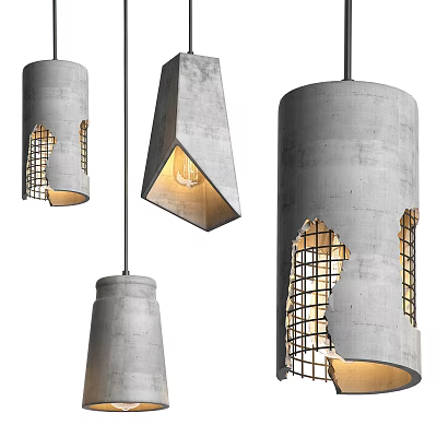 Concrete Pendant Lights With Hollowed Out Grid Design And Illuminated Bulbs 3d model