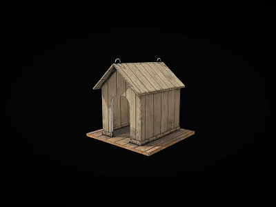 Wooden Small House With Gabled Roof And Open Door On Wooden Base 3d model