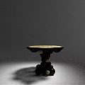 Modern Artistic Black Gold Dining Table With Round Speckled Top And Stacked Spheres Base