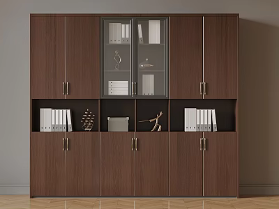 Dark Brown Storage Cabinet With Glass Doors File Folders And Decorative Items Inside 3d model
