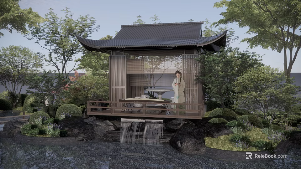 Japanese Style Pavilion With Traditional Attire Figure Greenery Small Waterfall And Rockery 3d model 