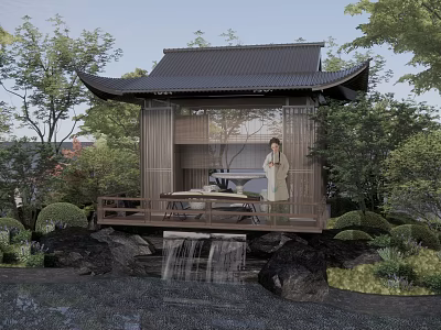 Japanese Style Pavilion With Traditional Attire Figure Greenery Small Waterfall And Rockery 3d model
