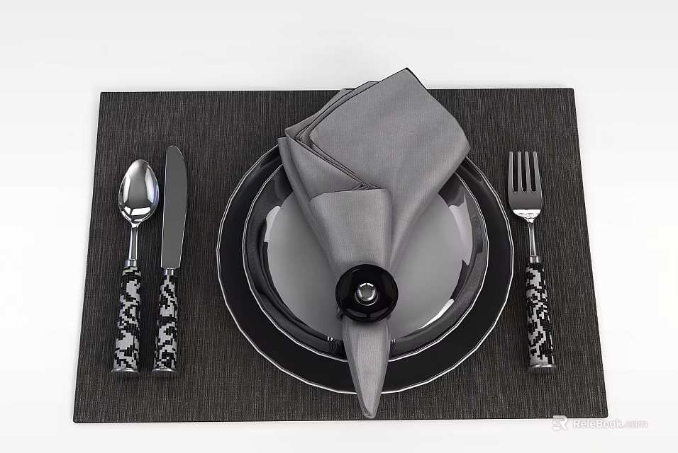 Tech Exhibition Hall Displaying Modern Tableware Set With Patterned Handles And Black Placemat 3d model 