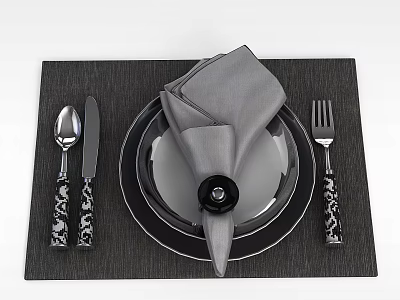 Tech Exhibition Hall Displaying Modern Tableware Set With Patterned Handles And Black Placemat 3d model