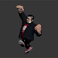 Man In Black Jacket Red T-Shirt Raising Fist With Red Shoes On Grey Background