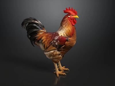 Colorful Rooster With Red Comb And Yellow Beak Standing On Dark Background 3d model