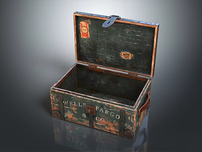 Vintage Open Luggage Trunk With Weathered PARGO TELL Labels And Old Design 3d model