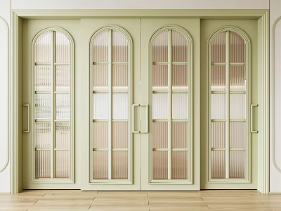 Light Green Modern Sliding Doors With Arched Top Grid Glass And Metal Handles 3d model