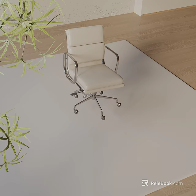 White Office Chair with Metal Frame and Wheels on Light Colored Rug and Green Plants 3d model 
