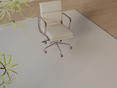 White Office Chair with Metal Frame and Wheels on Light Colored Rug and Green Plants 3d model