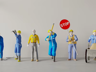 Group of Construction Workers Figurines Performing Various Tasks With Tools And STOP Sign 3d model