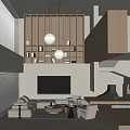 Modern Duplex Living Room Interior With Wooden Wall Bookshelves And Pendant Lights