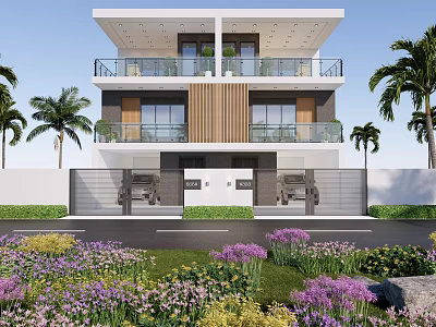 Semi Detached Villa Modern Two Story Architecture With Balconies Palm Trees And Garden 3d model