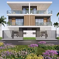 Semi Detached Villa Modern Two Story Architecture With Balconies Palm Trees And Garden