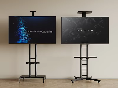 Two Modern Televisions On Black Portable Floor Stands With Wheels Displaying Content 3d model