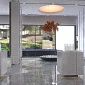 Elegant Modern Real Estate Sales Office Lobby With Polished Marble Floor And Large Panoramic Windows