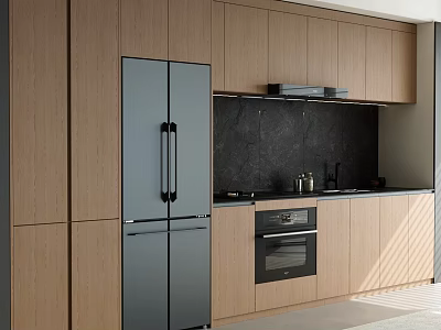 Modern Kitchen With Light Wood Cabinets Gray Refrigerator And Black Backsplash 3d model