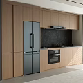 Modern Kitchen With Light Wood Cabinets Gray Refrigerator And Black Backsplash
